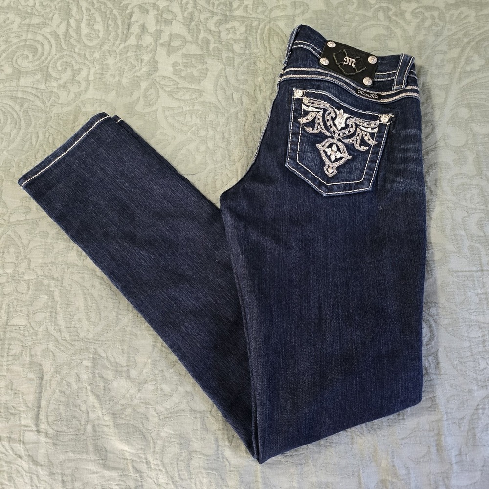 Miss Me Dark Blue Skinny Jeans with Silver Accents